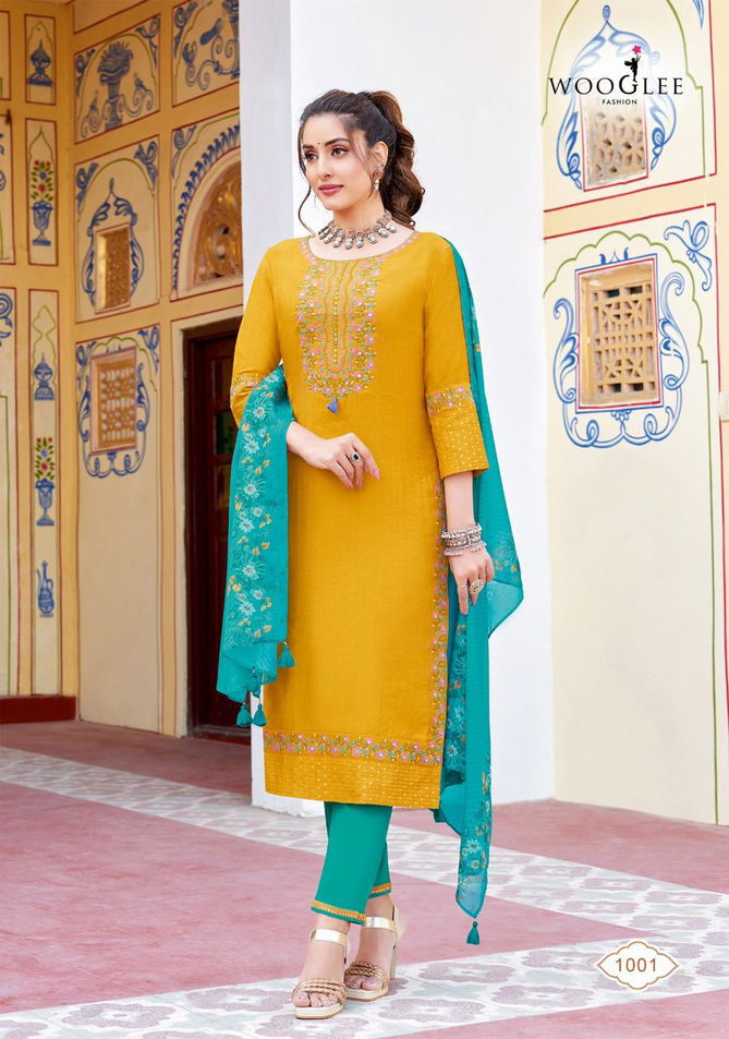 Saarika By Wooglee Viscose Weaving Embroidery Kurti With Bottom Dupatta Wholesale Shop In Surat